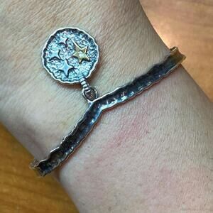 Carolyn Pollack Sterling & Brass "Believe" & Stars Charm Thin Cuff Bracelet